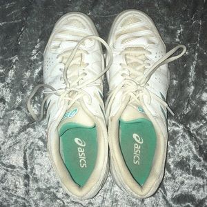 Blue and Teal Asics Tennis shoes